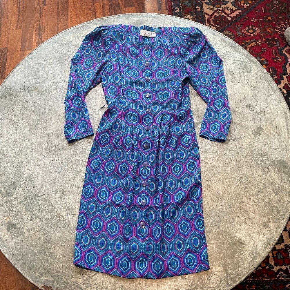 Vintage Papell Dress Womens 4 Geometric Button Down Blue Pink Purple 80s 90s